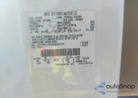 2005 Ford F-150 Fx4/Lariat/Xlt из США, поврежденный, VIN 1FTPW14555KE36153